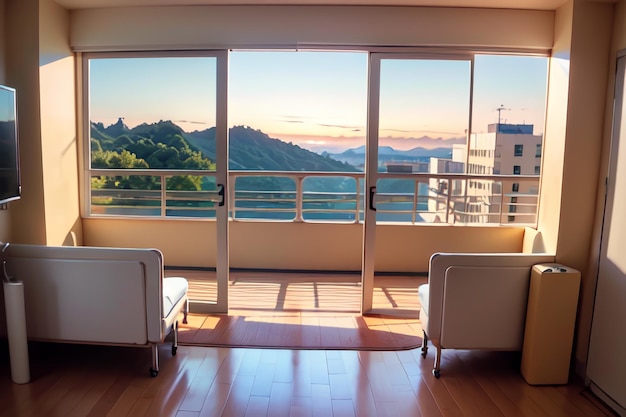 Foto uma sala de estar com vista para a serra e para o sol