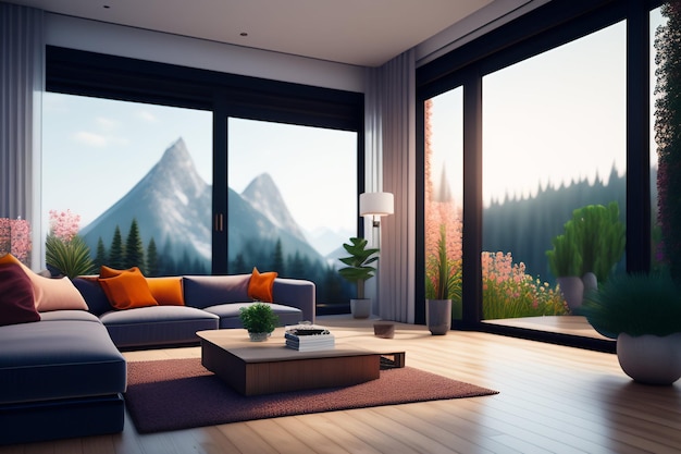 Uma sala de estar com vista para as montanhas