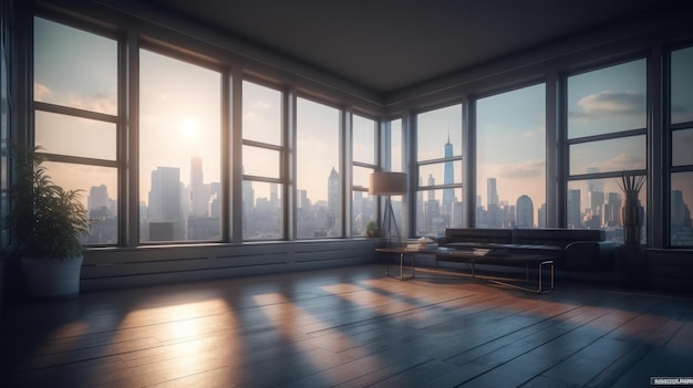 Uma sala de estar com vista para manhattan.