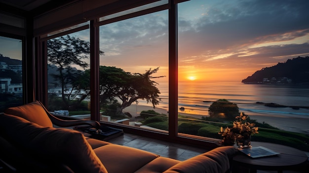 uma sala de estar com vista para o mar Vista da janela do resort
