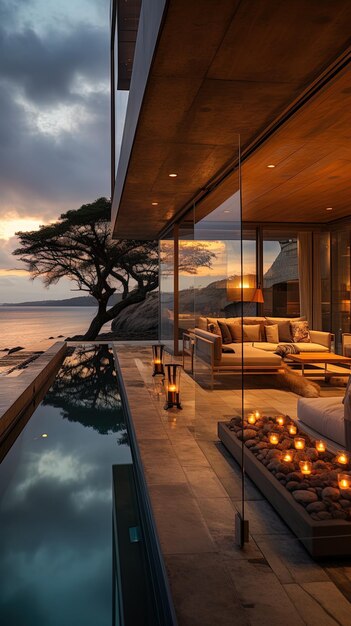 uma sala de estar com vista para o oceano e uma grande árvore