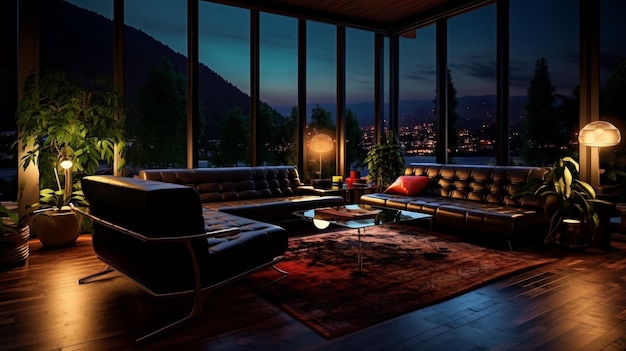 Uma sala de estar com vista para uma cidade à noite.