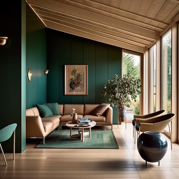 Uma sala de estar de cores brilhantes com uma parede verde e uma grande pintura generativa ai