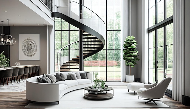 Uma sala de estar de estilo moderno com janelas de vidro do chão ao teto à esquerda e escadas curvas de madeira subindo à direita dois sofás brancos Generative AIxAxA