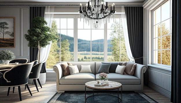 Uma sala de estar de estilo moderno com janelas de vidro do chão ao teto Generative AI