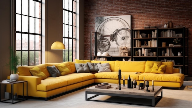 Uma sala de estar de loft de estilo clássico monocromático amarelo