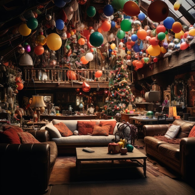 Uma sala de estar decorada com balões coloridos e ornamentos de Natal