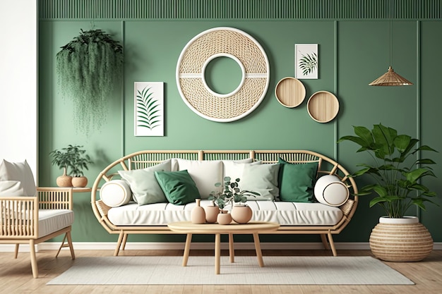Uma sala de estar decorada em tons de verde criando um ambiente fresco e convidativo As paredes são pintadas em um suave verde sálvia com um sofá e poltronas verdes combinando IA generativa