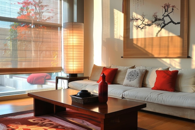 Foto uma sala de estar elegante com decoração moderna de inspiração chinesa linhas limpas e estilo cultural