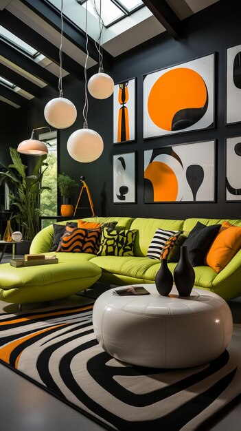 Uma sala de estar elegante com sofá verde e arte laranja na parede