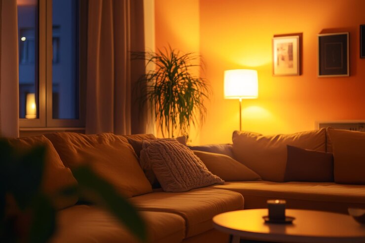 Foto uma sala de estar elegante e convidativa com paredes laranjas quentes e um sofá aconchegante iluminado por uma iluminação ambiente suave à noite