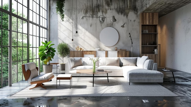 Uma sala de estar espaçosa e brilhante com móveis elegantes e abundante luz natural