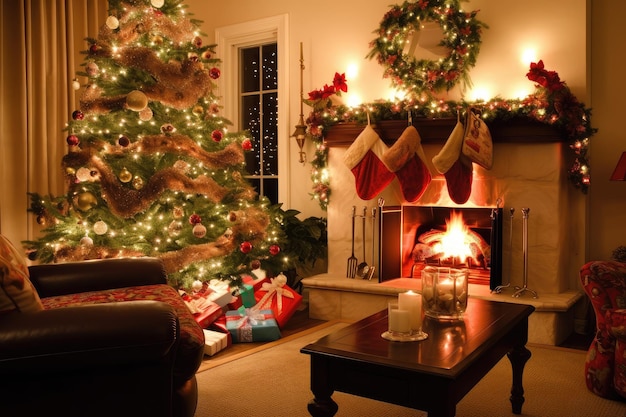 Uma sala de estar festiva com uma árvore de natal decorada e meias penduradas na lareira