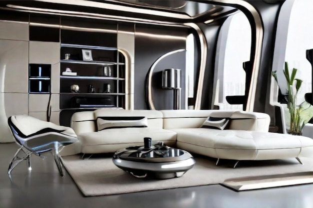 Uma sala de estar futurista com móveis metálicos elegantes e aparelhos de alta tecnologia