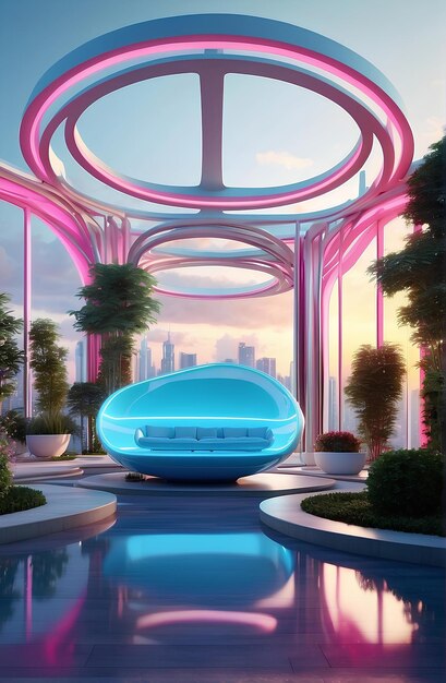 Foto uma sala de estar futurista iluminada por néon com arquitetura moderna