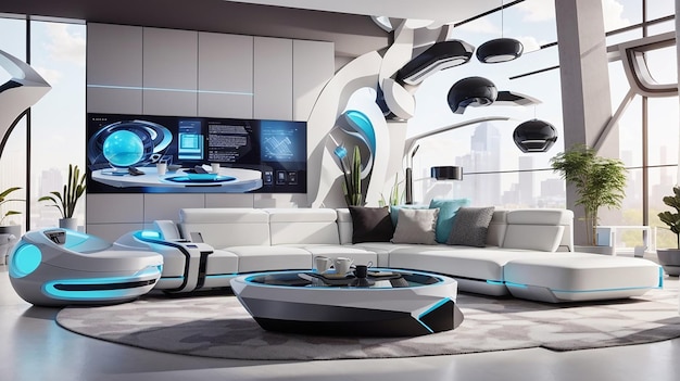 Uma sala de estar futurista redefinida com móveis inteligentes e arte interativa na parede