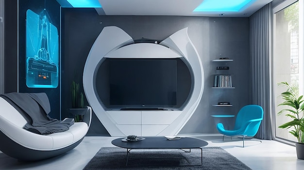 Uma sala de estar futurista redefinida com móveis inteligentes e arte interativa na parede
