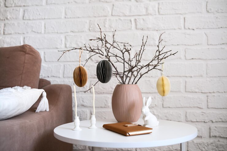 Foto uma sala de estar lindamente aconchegante com decoração moderna de páscoa que inclui um vaso com galhos secos