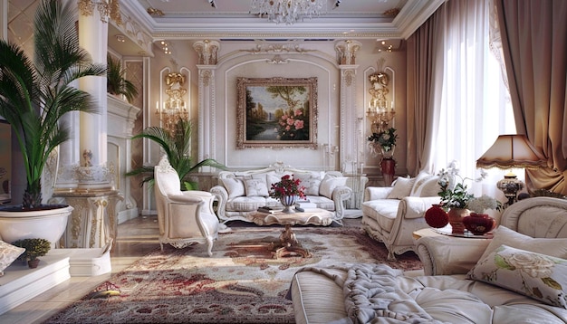 Uma sala de estar lindamente decorada.