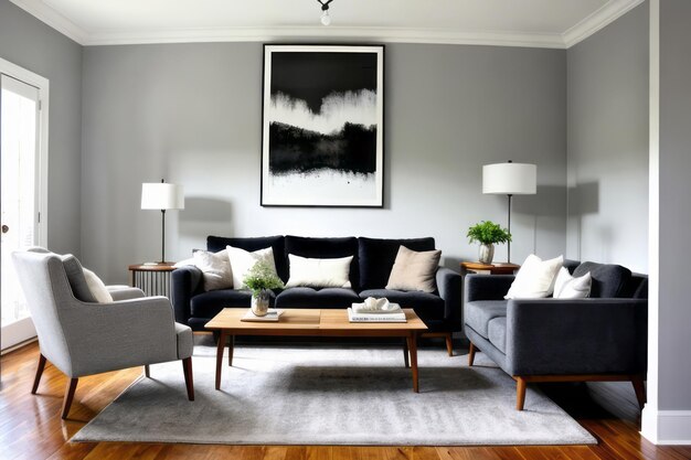 Uma sala de estar minimalista banhada em design interior de cinzas e brancos suaves