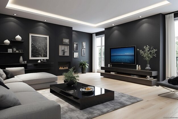 Uma sala de estar moderna com paredes pretas no estilo de impressão realista renderizações fotorrealistas