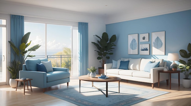 Uma sala de estar moderna com sofá e plantas em tom azul
