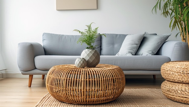 Uma sala de estar moderna com um design minimalista sofá cinza e mesa de café