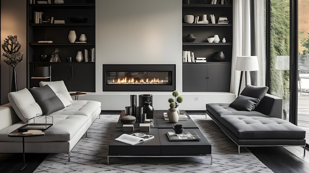 Uma sala de estar moderna com um esquema de cores monocromático combinando tons de cinza preto e branco