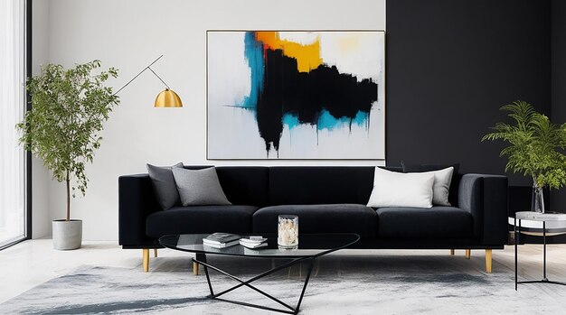 Uma sala de estar moderna com um sofá preto elegante, uma mesa de centro de vidro e uma pintura abstrata brilhante