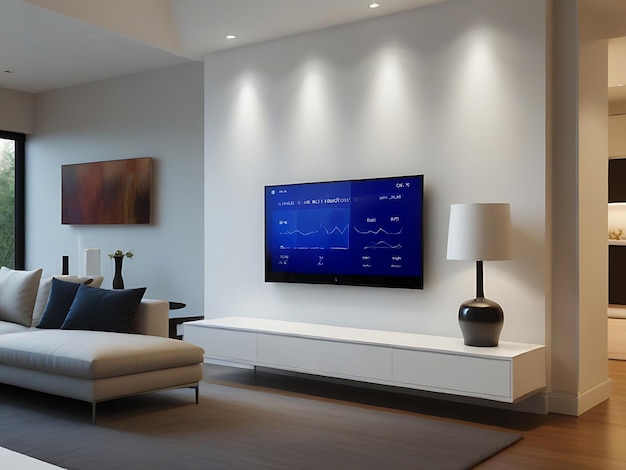 Foto uma sala de estar moderna com uma grande tv de tela plana montada no design interior da parede