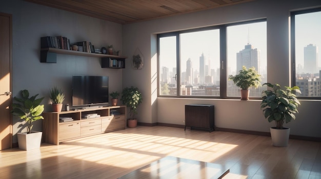 Uma sala de estar moderna com uma vista incrível da cidade através da janela de vidro