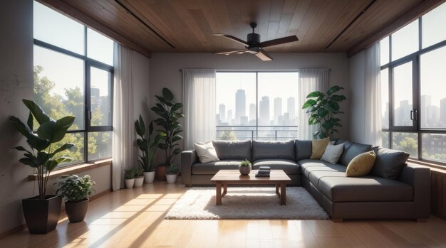 Uma sala de estar moderna com uma vista incrível da cidade através da janela de vidro