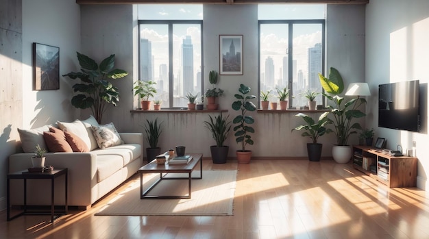 Uma sala de estar moderna com uma vista incrível da cidade através da janela de vidro