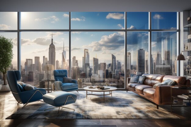 Foto uma sala de estar moderna com vista para a cidade