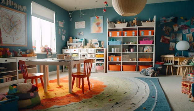 Uma sala de estar moderna e confortável com brinquedos coloridos e livros gerados por IA