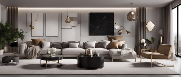Uma sala de estar moderna e luxuosa com sofá e tv