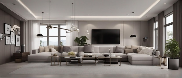 Uma sala de estar moderna e luxuosa com sofá e tv