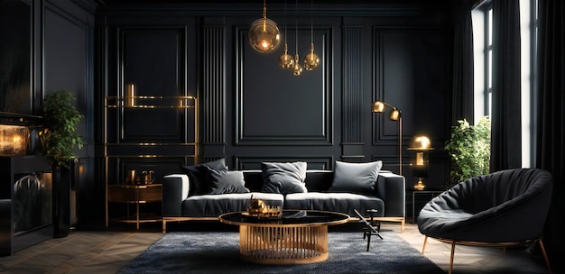 uma sala de estar preta com detalhes dourados e paredes pretas