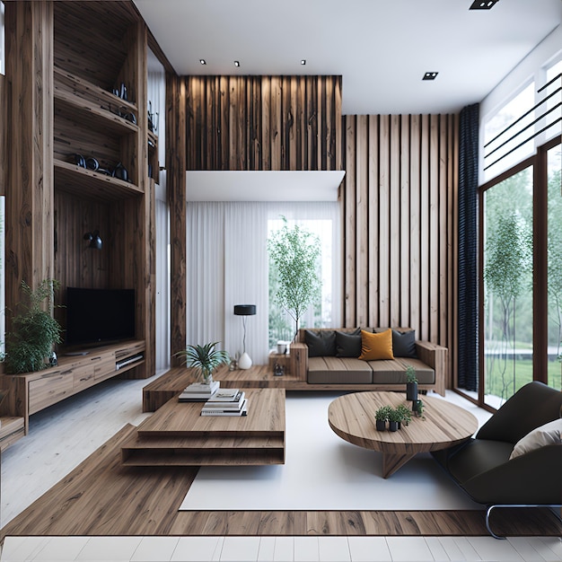 Uma sala de estar repleta de móveis e um design de TV de tela plana