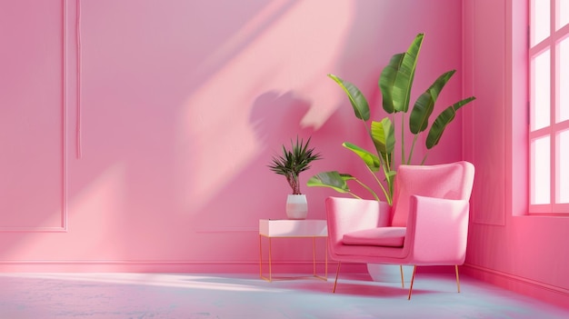 uma sala de estar rosa com uma planta e uma planta em vaso