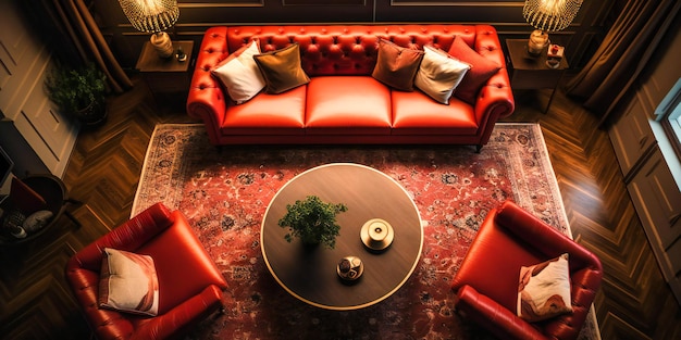 Uma sala de estar sofisticada com um sofá imponente que exala grandeza, elegância e conforto