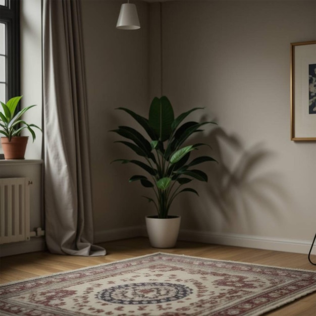 Uma sala de estar vazia com plantas, tapete de janelas, modelo de realidade aumentada.