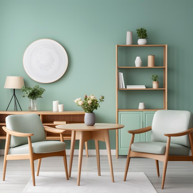 Uma sala de estar verde claro com móveis de madeira Mesa de café e cadeiras Cor de menta IA geradora