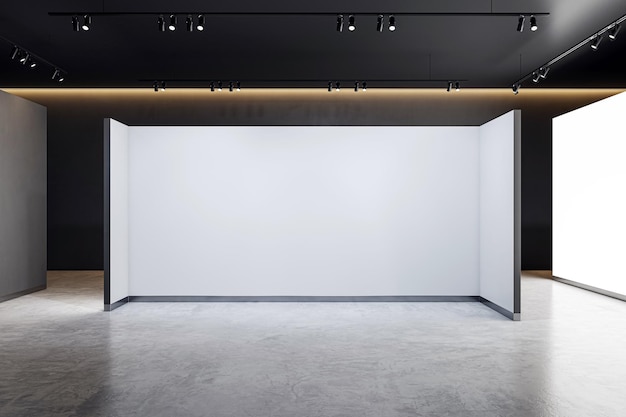 Uma sala de exposição vazia com uma grande parede de prensa em branco de design moderno e um chão de concreto em um cenário escuro ideal para branding exibe renderização 3D