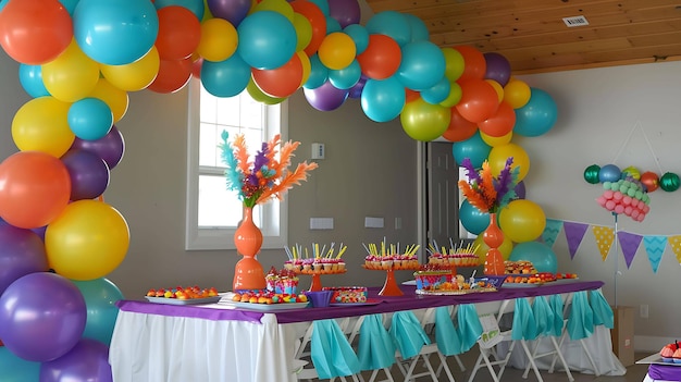 Uma sala de festas lindamente decorada com um arco de balão uma mesa cheia de comida e uma bandeira com as palavras Feliz Aniversário