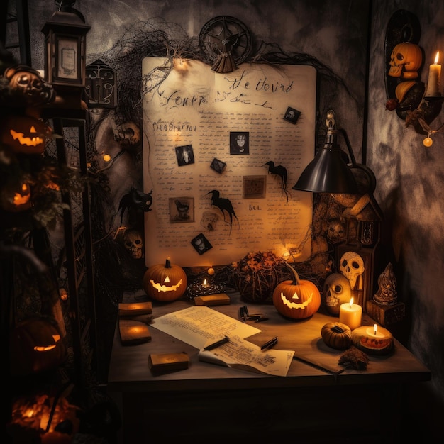 Uma sala de fuga com tema de Halloween, quebra-cabeças e pistas assustadoras