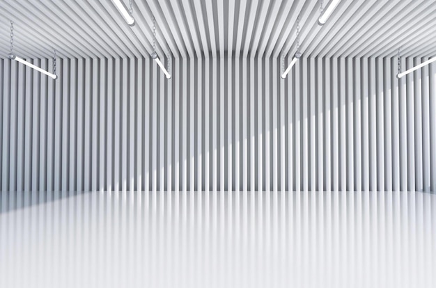 Uma sala de fundo branco com um teto com luzes