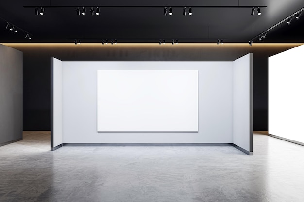Uma sala de galeria vazia com um grande cartaz branco em branco na parede design moderno e chão de concreto ideal para apresentações de marca 3D Rendering