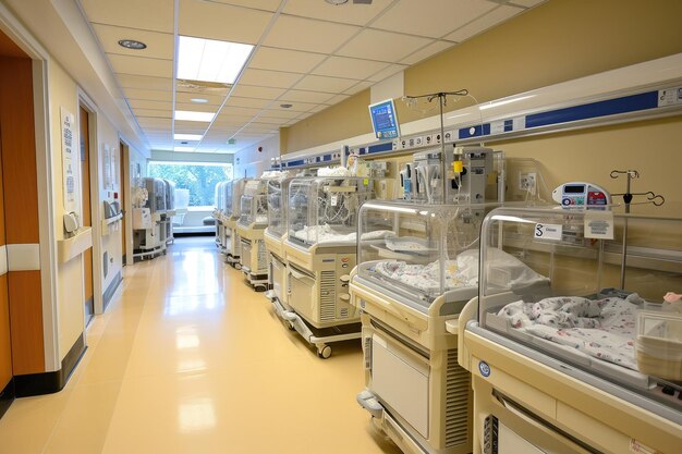 Foto uma sala de hospital lotada cheia de uma ampla gama de equipamentos médicos usados para cuidados e tratamento de pacientes vista de uma unidade de cuidados neonatais de hospitais ai gerado