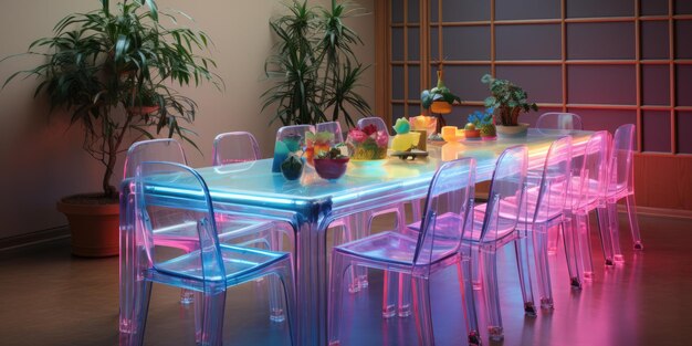 Uma sala de jantar clara e concisa com uma textura de munição leve e um efeito de luz preta AI Generative
